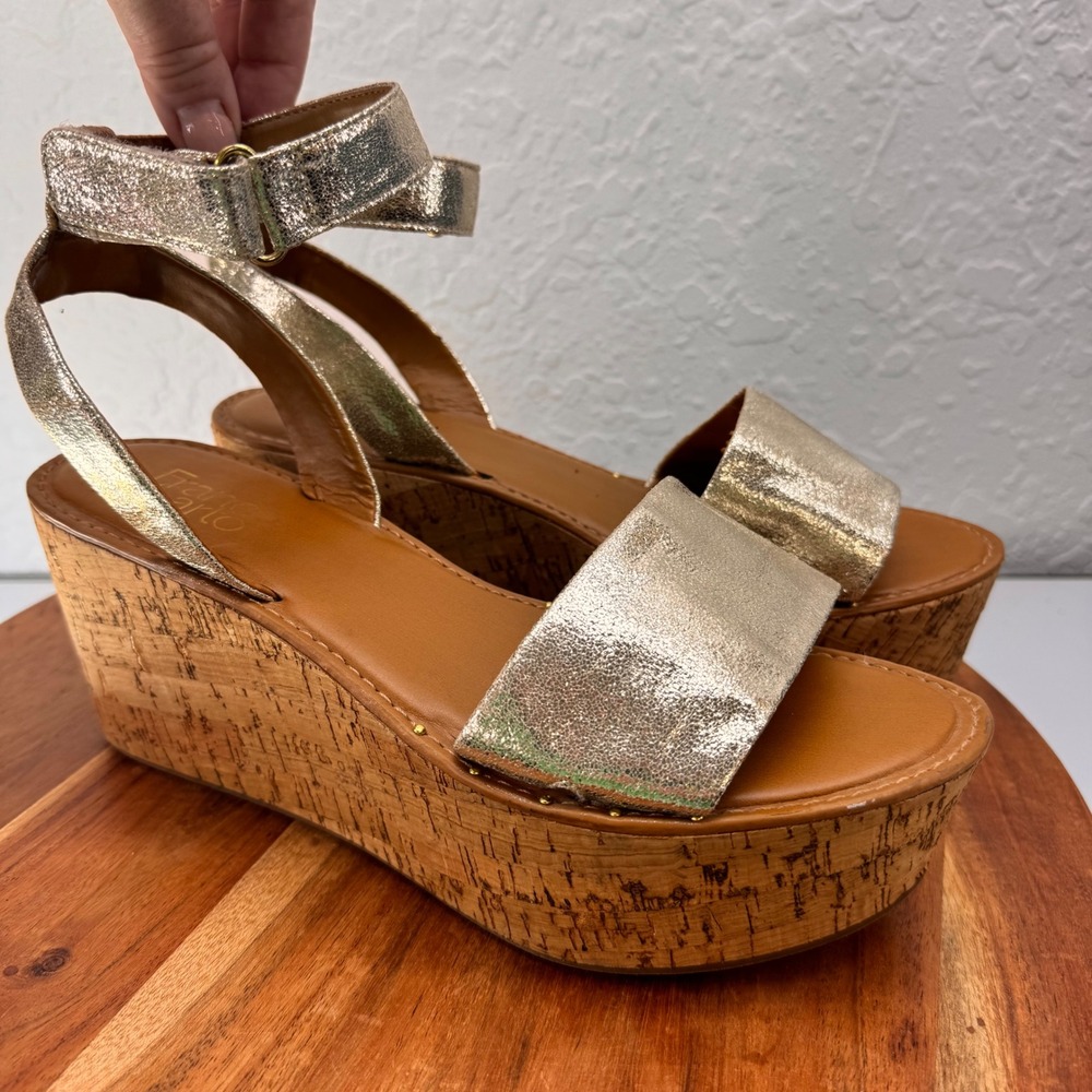 Franco Sarto Jovie Womens 9M Gold Metallic Cork Platform Wedge Sandals